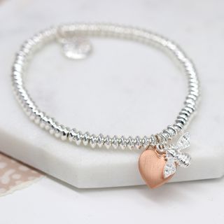 Silver Plated Bead Bracelet with Rose Gold Plated Heart and Bee by Peace Of Mind